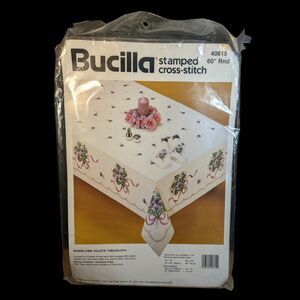Bucilla Stamped Cross Stitch 60" Round Tablecloth Kit NEW 40615  Violets
